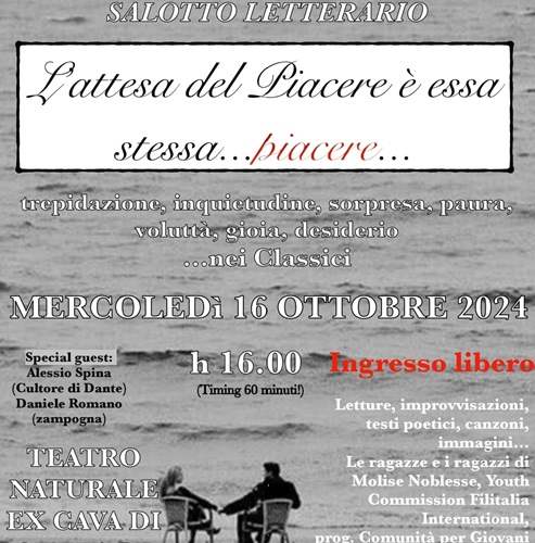 Attesa e Piacere Bojano al teatro naturale ex cava Civita. Una location insolita nell’ambito degli eventi per la valorizzazione del territorio. Special guest: Daniele Romano e la sua zampogna, Alessio Spina, protagonista indiscusso di un altro appuntamento di successo del gruppo: Dante a Castello! Evento Molise Noblesse, Filitalia, Aitef ideato da Mina Cappussi. Porta un libro e tornerai con un'idea! E soprattutto fai tutto in 60 minuti, non un minuto di più!