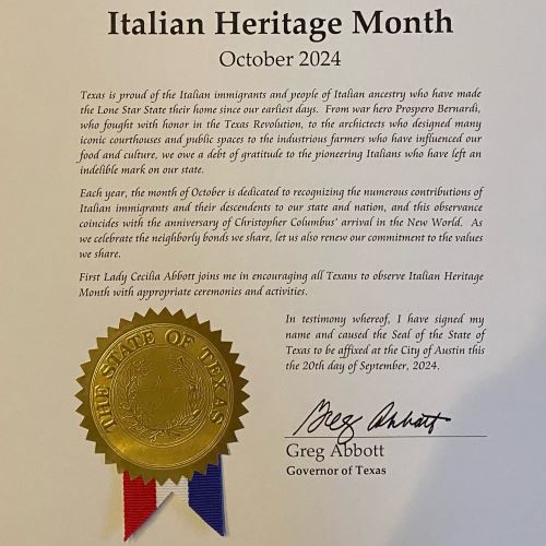 Italian Heritage Month Texas proclamato dal Governatore Abbott