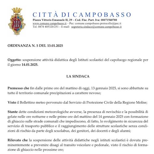 Campobasso ancora chiuse scuole. La seconda ordinanza completa della sindaca Forte per martedì 14